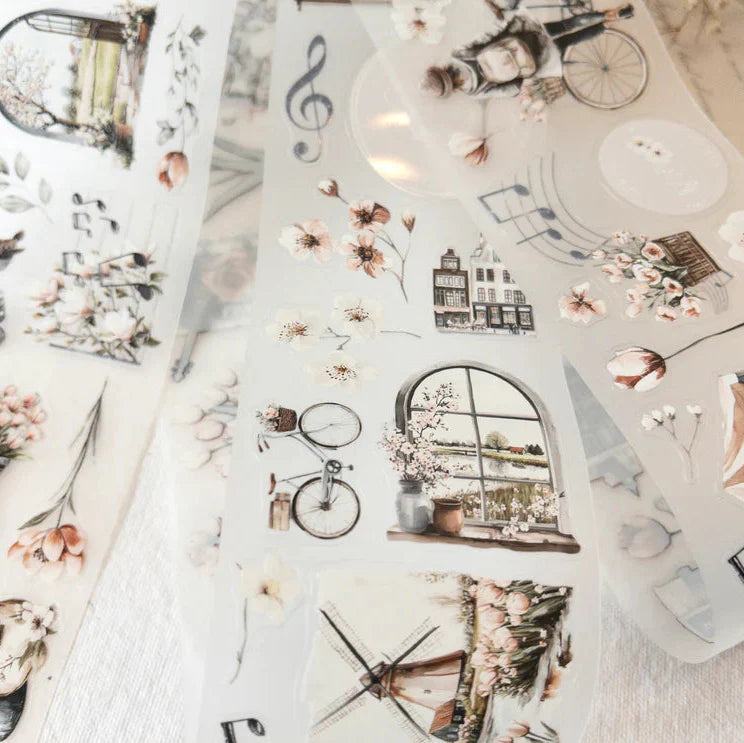 Collection of Springtime Melody PET Tape vintage florals and architecture motifs on a light backdrop