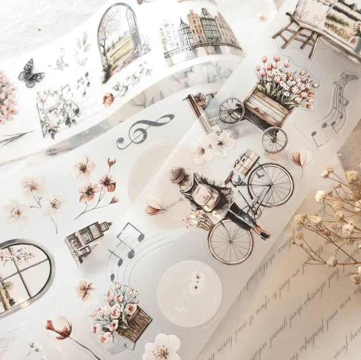 Springtime Melody PET Tape collage featuring a bicycle, flowers and architectural sketches on light