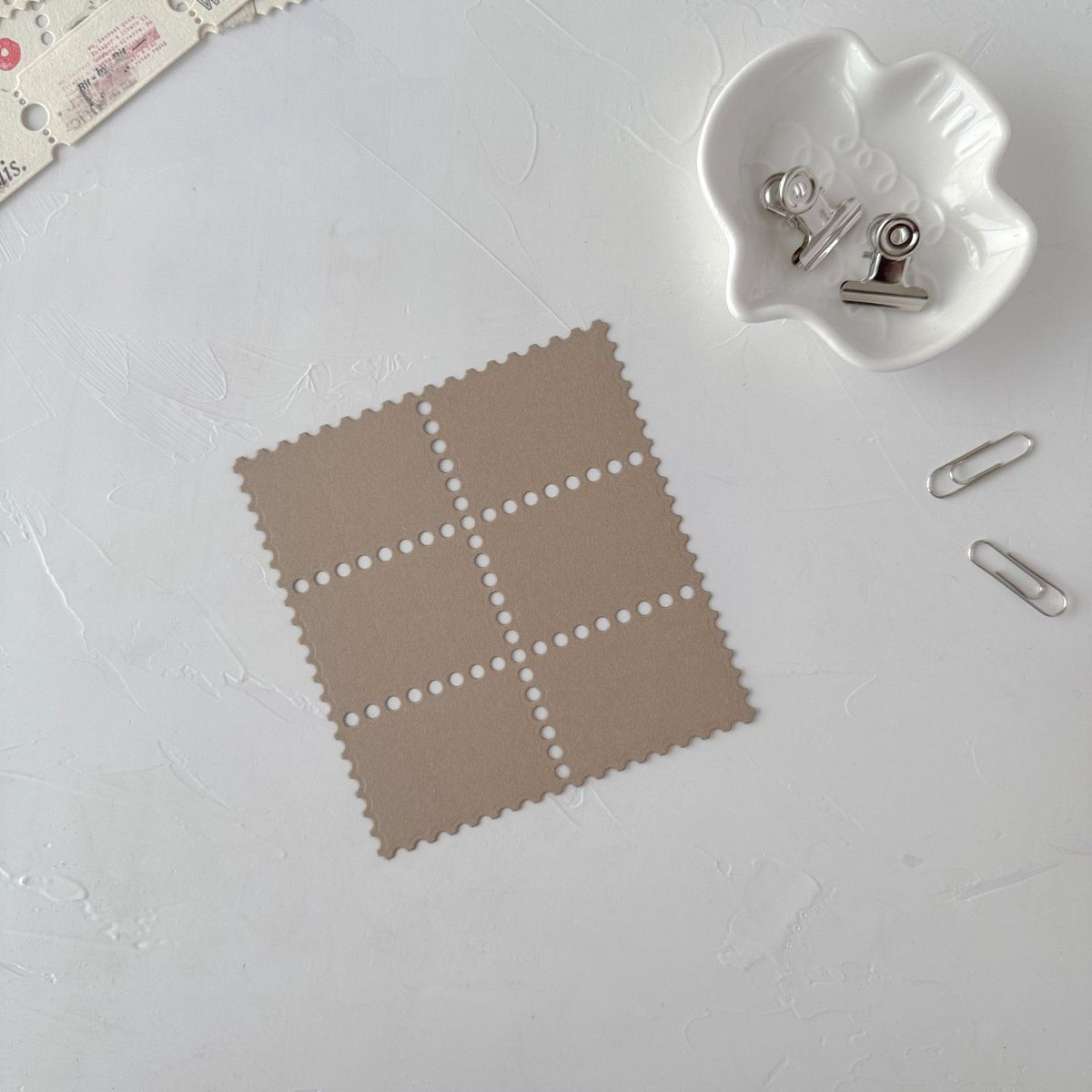 Coffee Stamp Card Vol. 3 dotted card styled with a white clip and paper clips on light grey