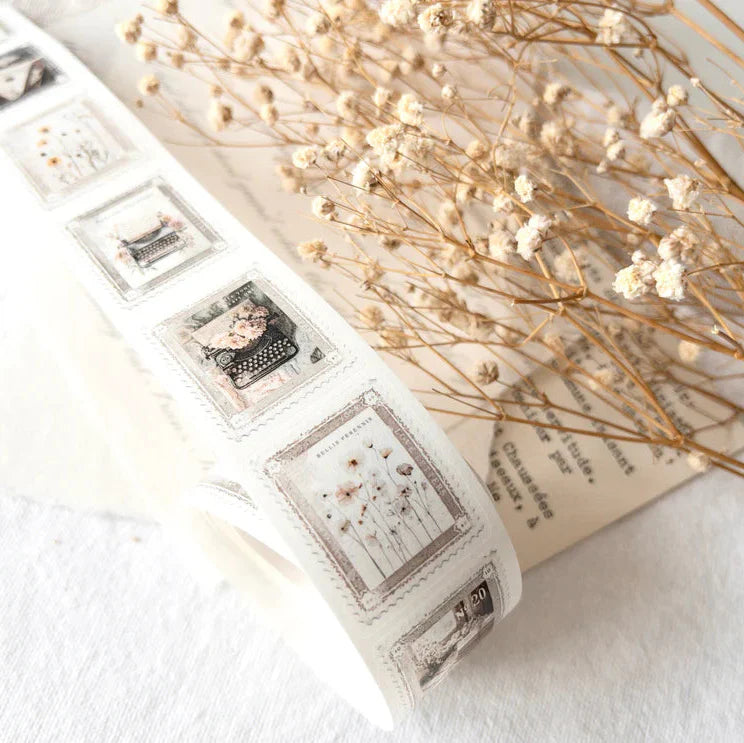 Stamps Washi Tape by crea with gaby with vintage stamp designs styled beside dried flowers