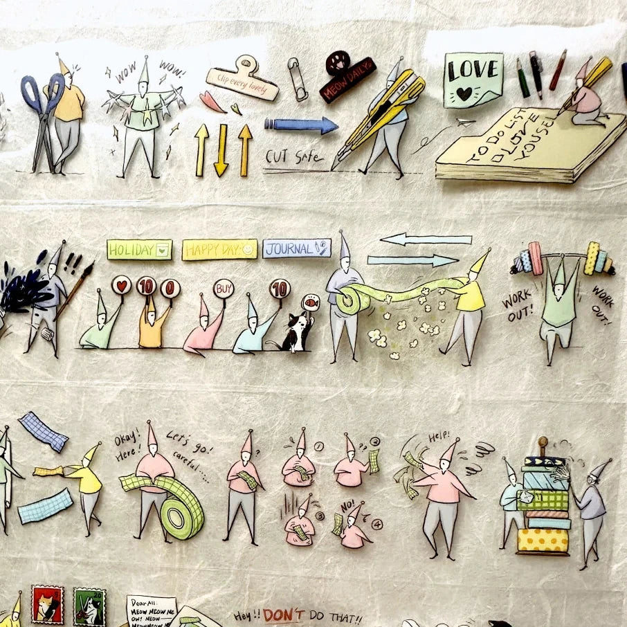 Illustrations of small figures performing various activities on a textured background