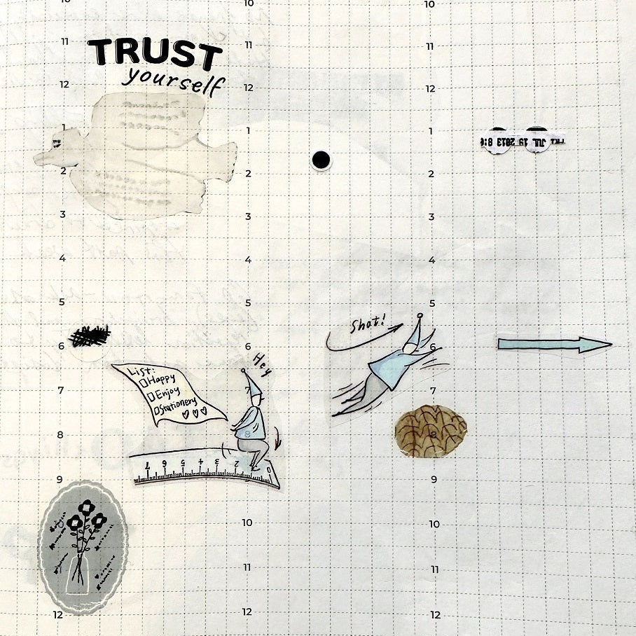 Illustrations on a grid background with motivational text
