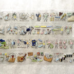Collection of small illustrations on a textured surface
