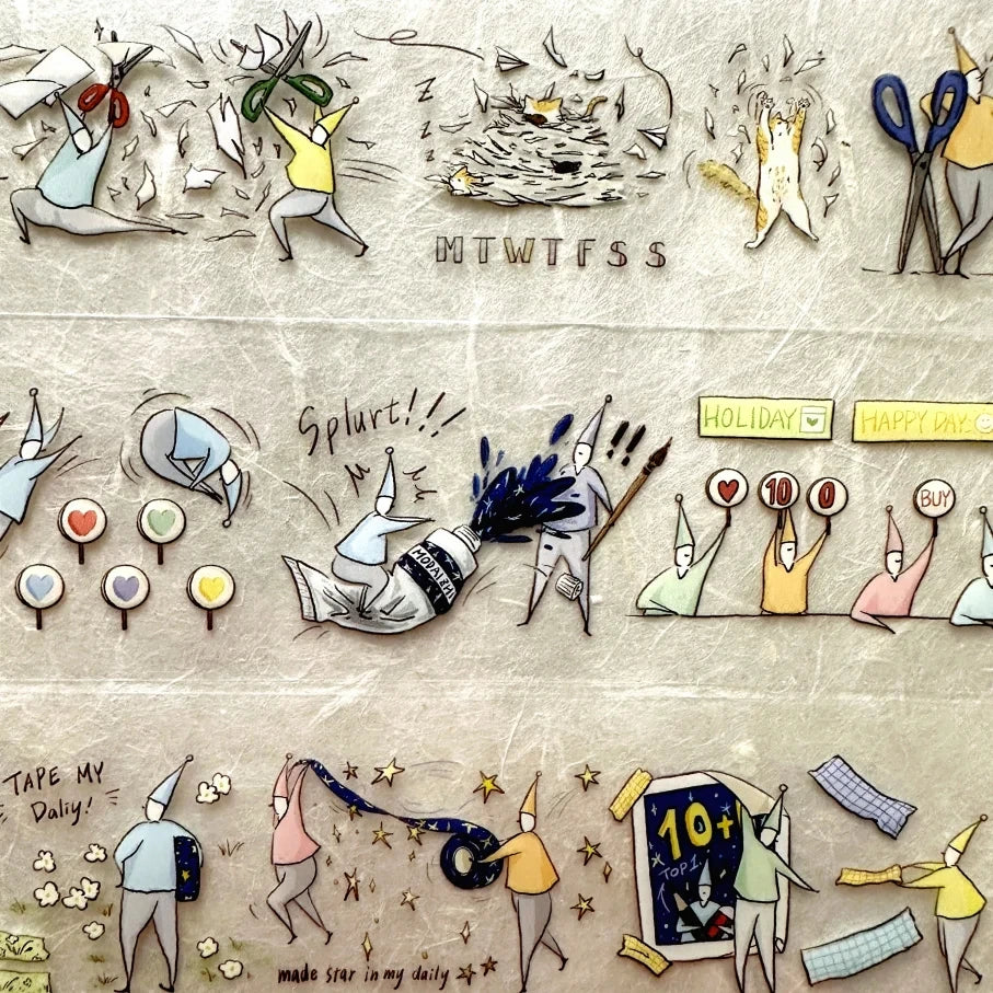 Illustrated comic strip with various characters and text on a textured background