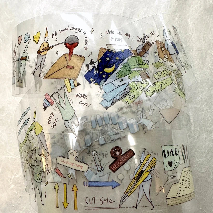 Decorative paper cutout with various illustrations and text on a textured background