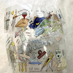 Decorative paper cutout with various illustrations and text on a textured background