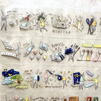 Collection of illustrated paper cutouts on a textured background