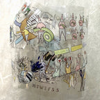Clear plastic wrap with colorful illustrations of people and text on a textured surface