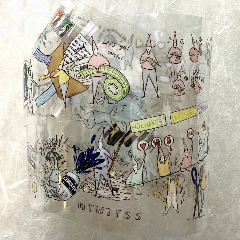 Clear plastic wrap with colorful illustrations of people and text on a textured surface