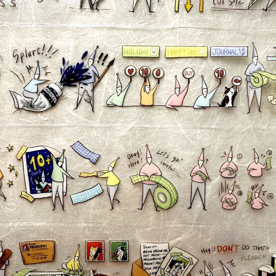 Illustrated scene with various characters and objects on a textured background