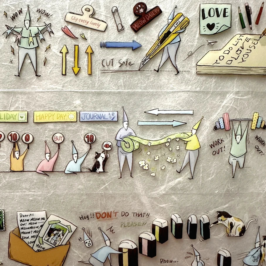 Illustration of various small figures and objects on a textured surface with text and symbols.