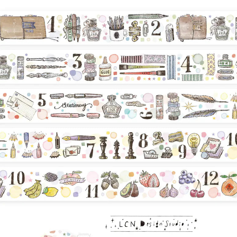 Decorative border with illustrations of stationery items and numbers, featuring the brand 'LCN Design Studio'.