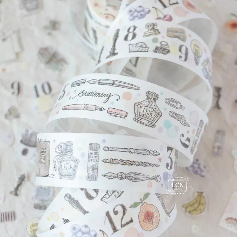 Stationery Joy Bringer Week 1 PET Tape stationery-themed designs on a textured background