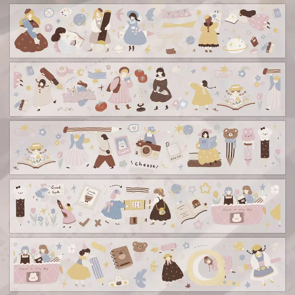 Stationery Planet PET Tape by Yier strips of people and object illustrations on light grey