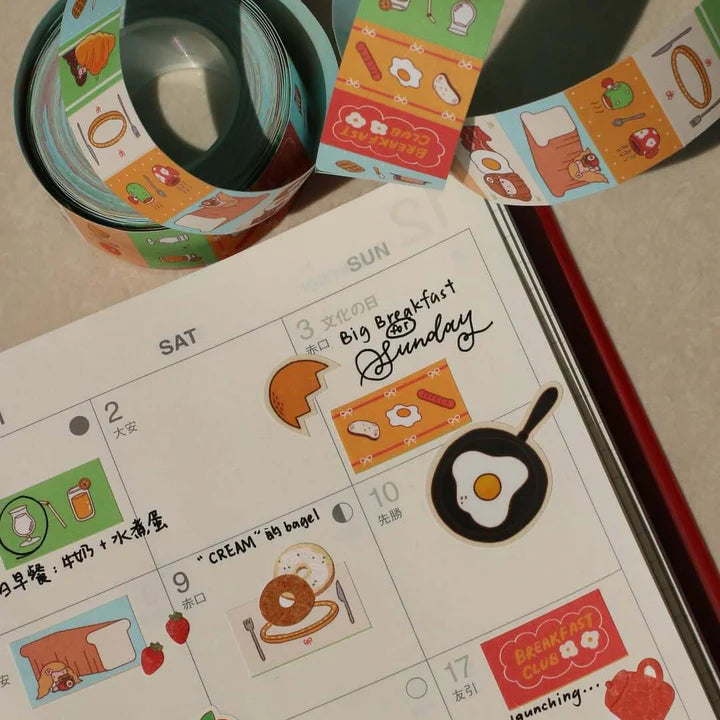 Planner decorated with Breakfast Club Label Sticker Tape eggs, bagels and toast icons