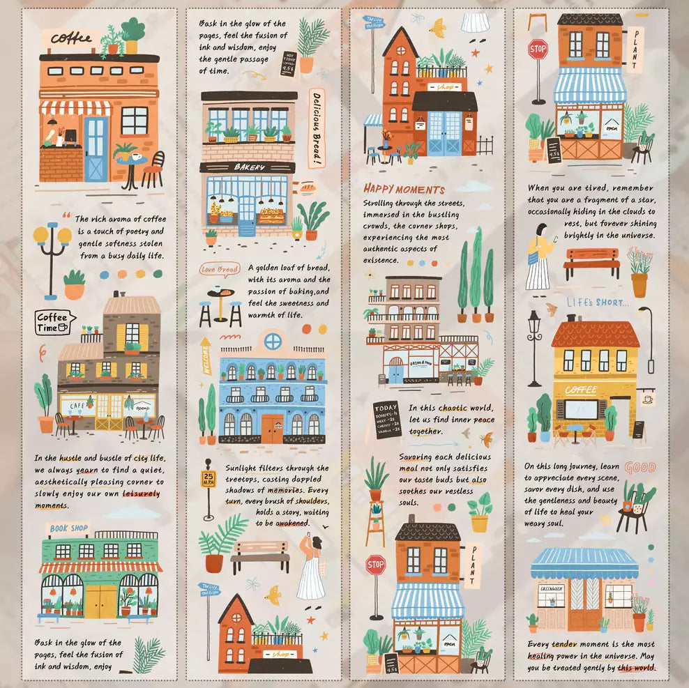 Set of illustrated cityscape bookmarks with buildings and text.