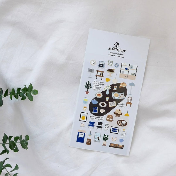 Café Blue Sticker Sheet by Suatelier, stickers with various illustrations on a white surface