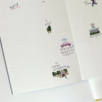 Two sheets of paper with illustrated scenes and text, one labeled 'april'.