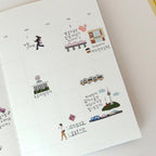 Sheet of illustrated stickers with various graphics and text on a white background