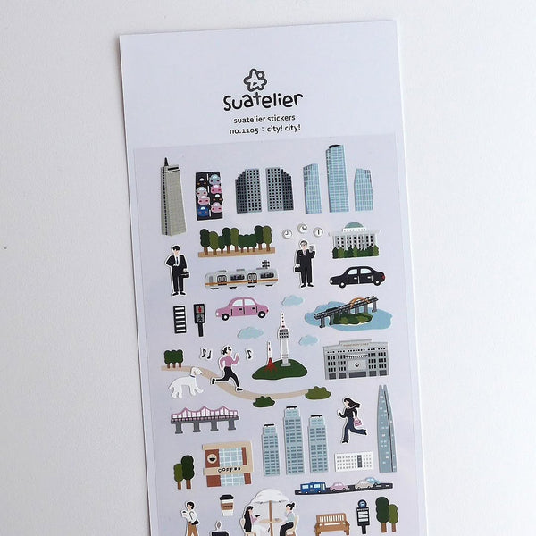 City!City! Sticker Sheet by Suatelier, city-themed stickers on a white background