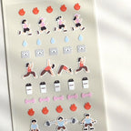 Sheet of fitness-themed stickers featuring people exercising and health icons on a white background.
