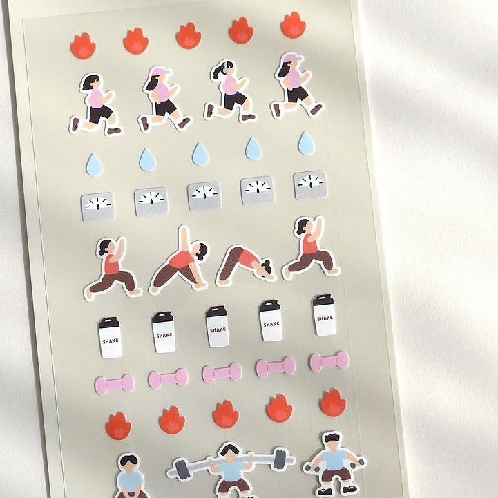 Fitness-themed stickers with people exercising and health icons, from the Deco 15 Sticker Sheet