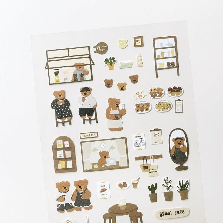 Collection of decorative stickers featuring bears and cafe-themed elements on a white background.