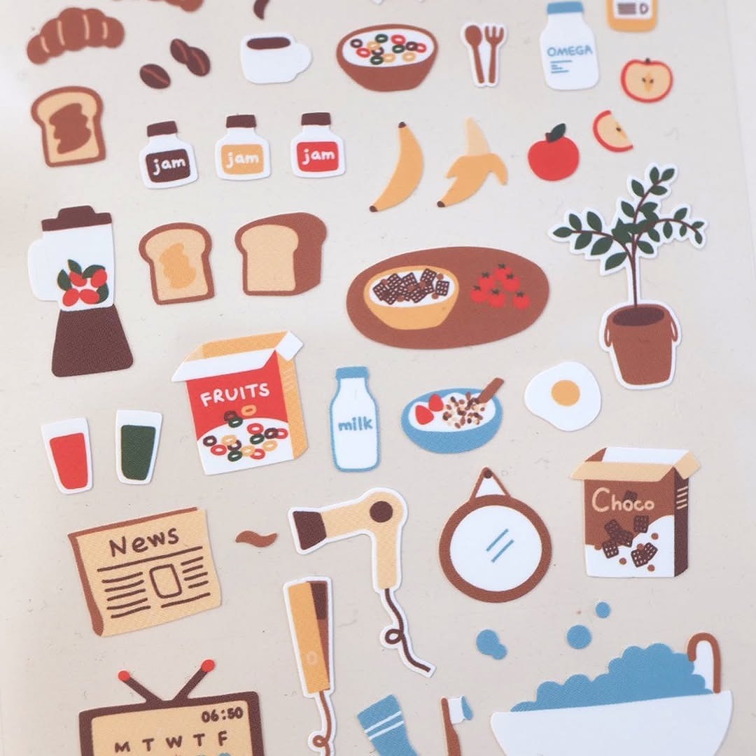 Illustrated breakfast-themed stickers on a beige background, from the Good Morning! Sticker Sheet
