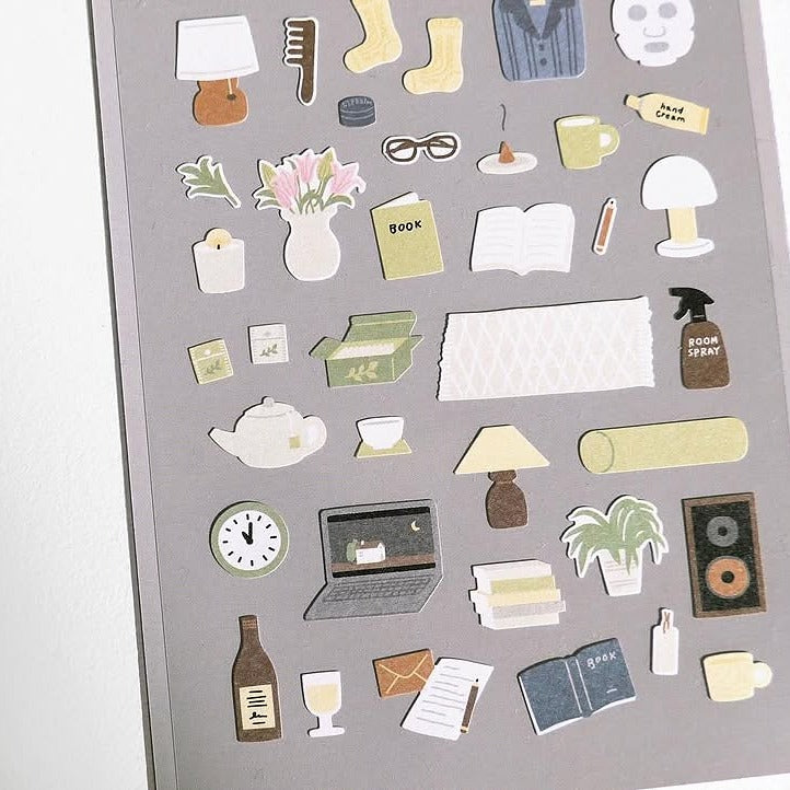 Set of lifestyle stickers on a grey background, from the Good Night Sticker Sheet
