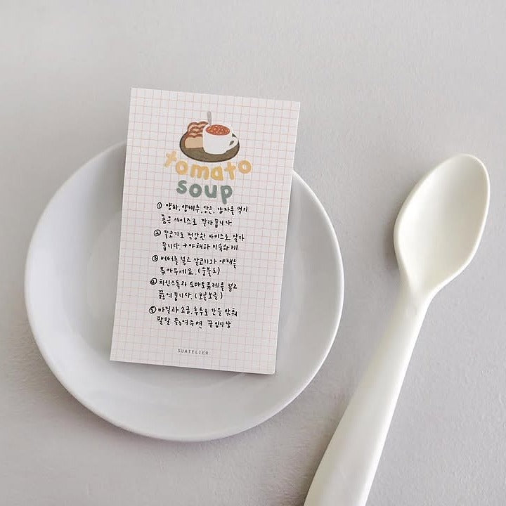 Notebook titled 'Tomato Soup' on a white plate with a spoon, from the Handwriting 4 Sticker Sheet