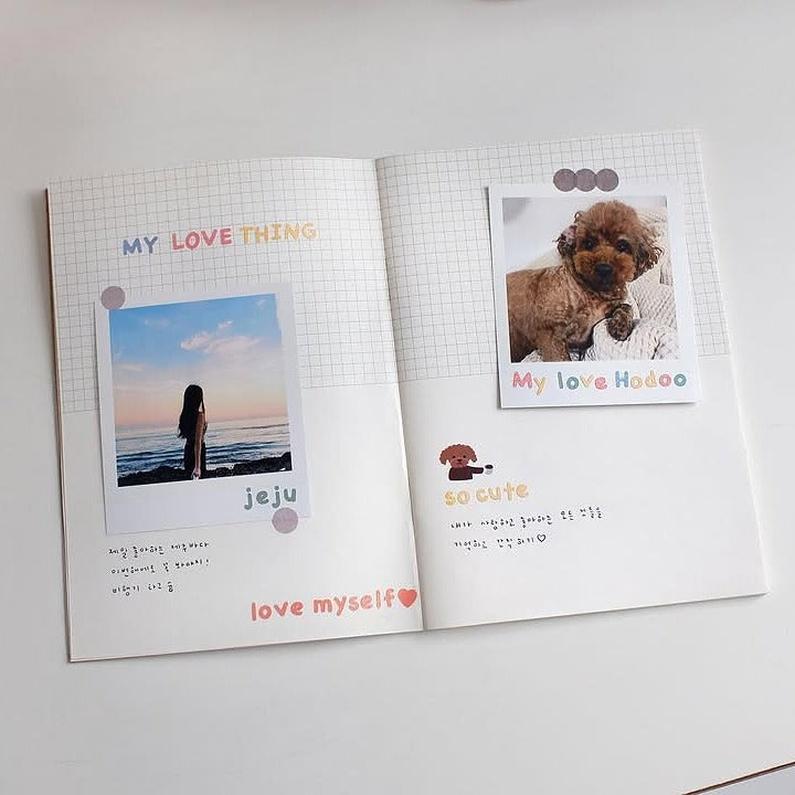 Open book with photos and text on a white background, from the Handwriting 4 Sticker Sheet