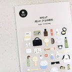 Sheet of daily deco stickers with various small illustrations on a light background