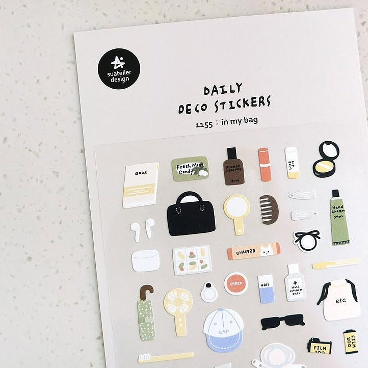 Daily deco stickers with small illustrations on a light background, from the In My Bag Sticker Sheet