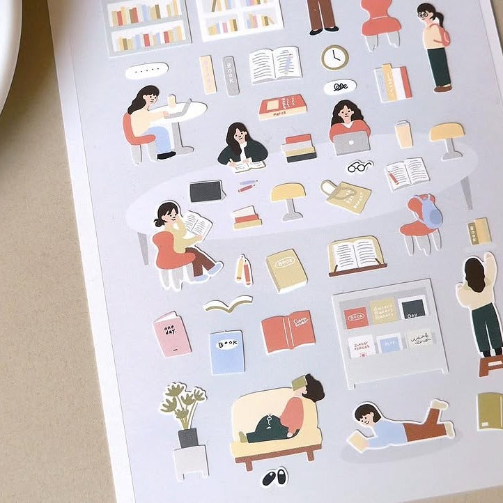 Sheet of illustrated stickers featuring people in various reading and studying poses on a plain background.