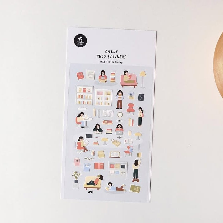 In The Library Sticker Sheet by Suatelier, decorative stickers with illustrations on a white background