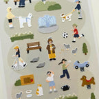 Set of illustrated stickers depicting various activities and objects on a neutral background