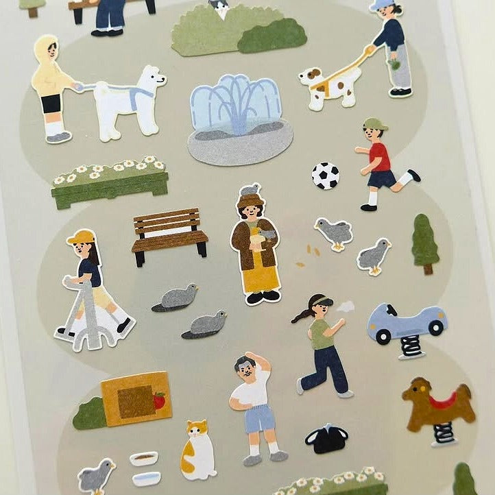 Illustrated stickers of activities and objects on a neutral background, from the In The Park Sticker Sheet
