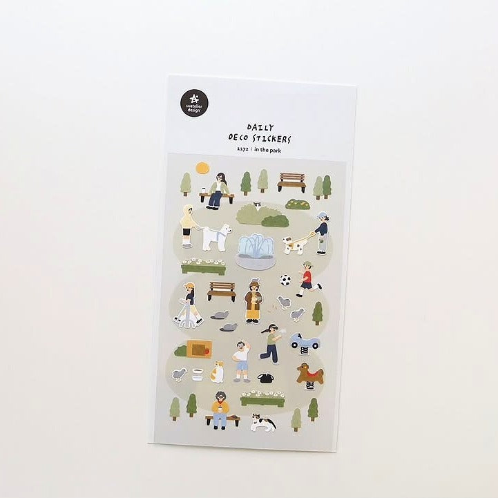 In The Park Sticker Sheet by Suatelier, stickers of people and animals in a park
