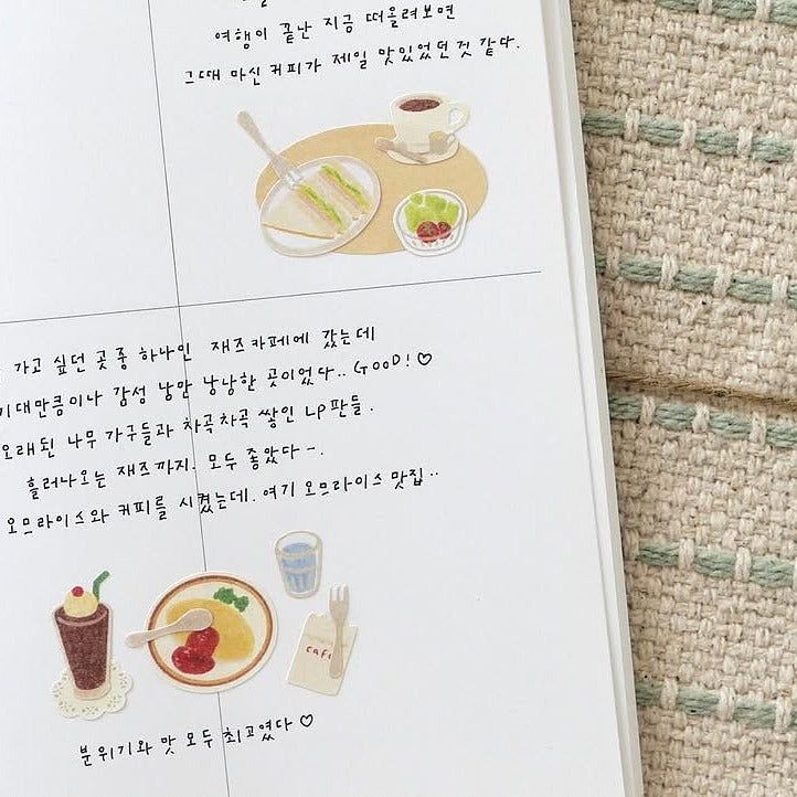 Notebook page with food and drink illustrations and Korean text, from the Kissaten Sticker Sheet
