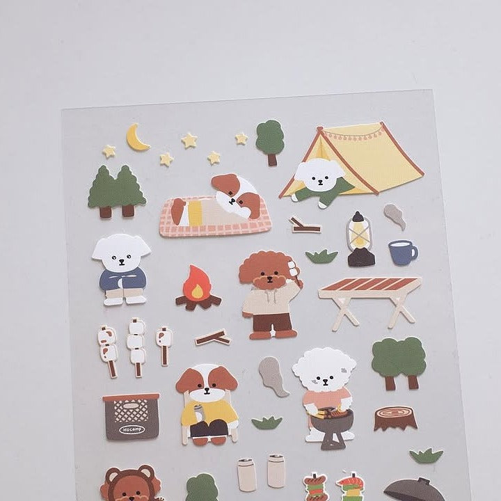 Camping stickers with cartoon animals and outdoor items on a grey background, from the Let's go Camping Sticker Sheet