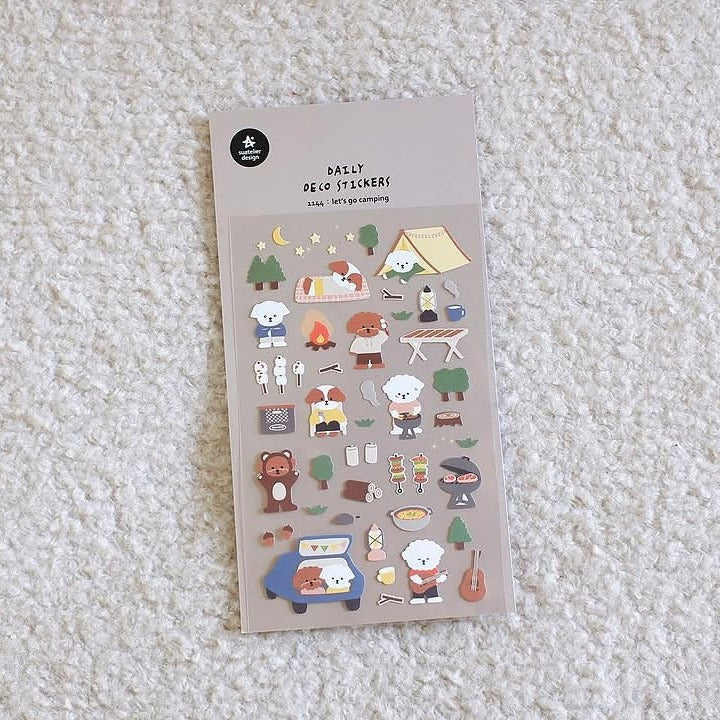 Let's go Camping Sticker Sheet by Suatelier, decorative stickers on a textured surface