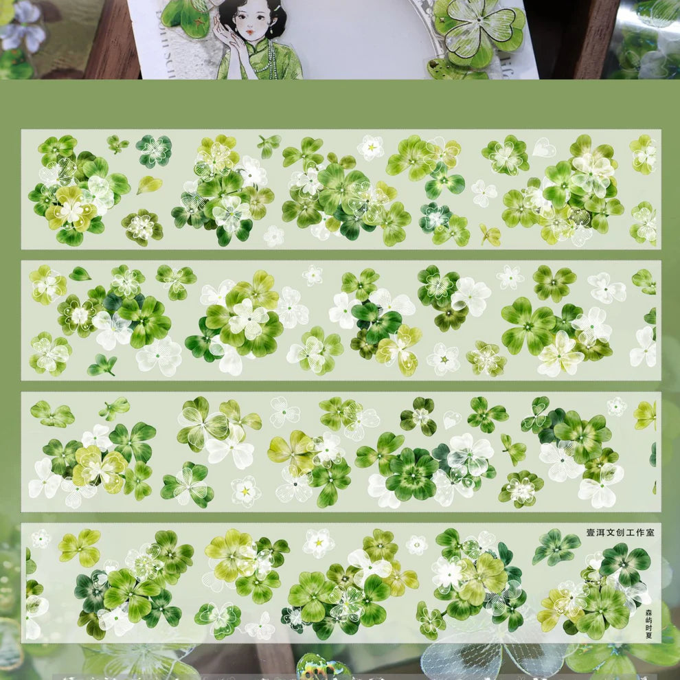 Set of Summer In Moriyu PET Tape green floral strips on a light green background