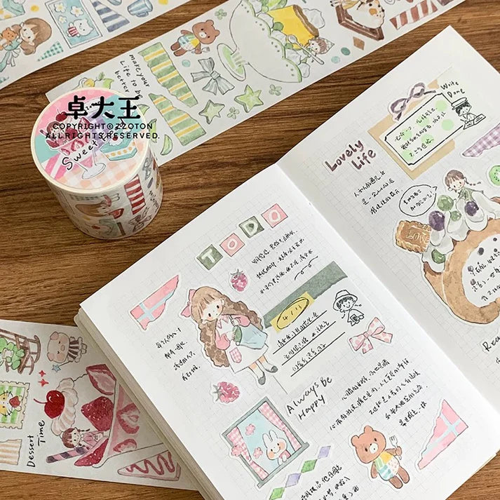 Sweet Food Washi Tape sticker book and roll by ZZOTON styled on a wooden surface