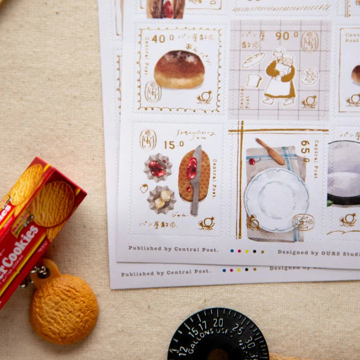Sweet Hours Stamp Sticker Sheet by OURS Studio — food postage-stamp sticker sheet with a cookie box, for journaling