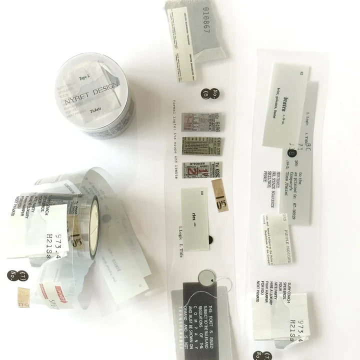 Collection of L Ticket Glossy PET Tape label and packaging designs laid on a white background