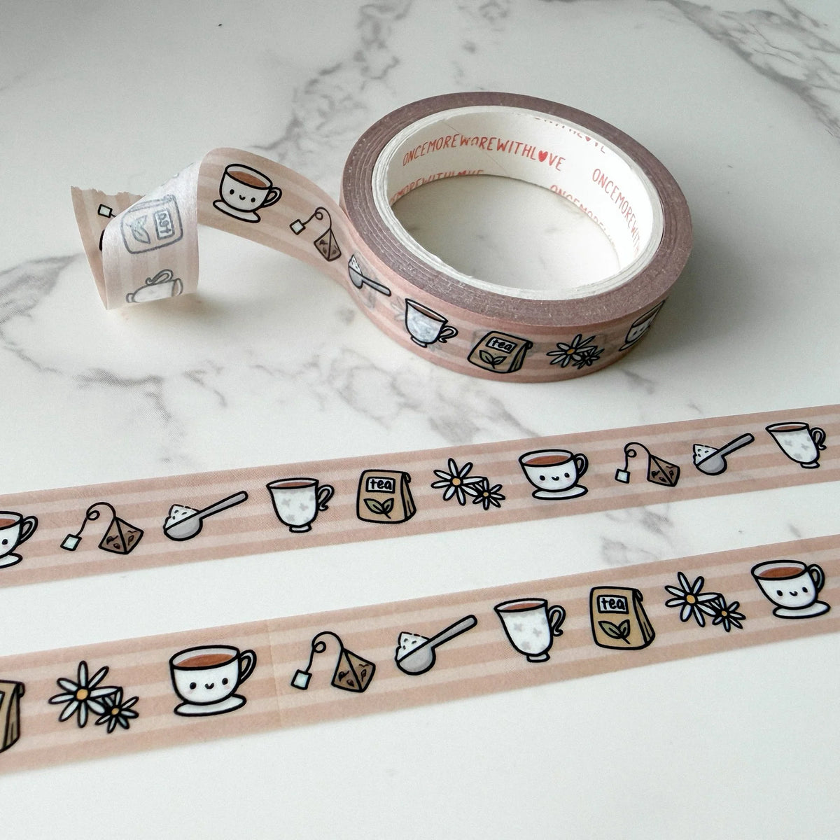 Tea Doodles Washi Tape by OnceMoreWithLove, slim 10mm roll of cute mini tea-themed doodles