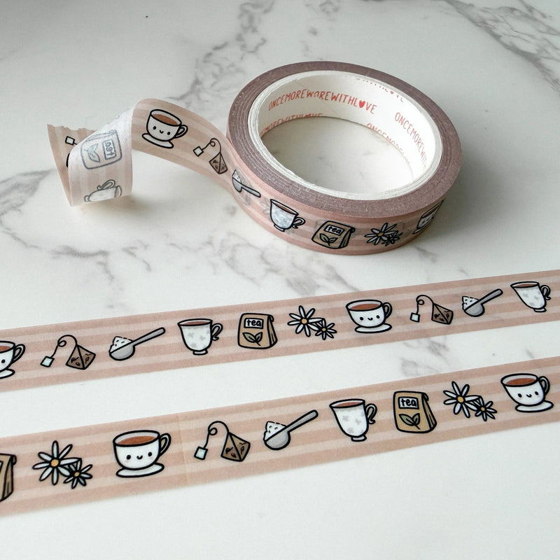 Tea Doodles Washi Tape by OnceMoreWithLove, slim 10mm roll of cute mini tea-themed doodles