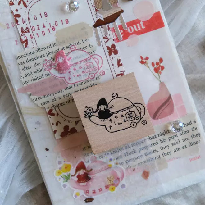Simple Happiness Tea Lover stamp with a decorated card and stickers on a textured surface