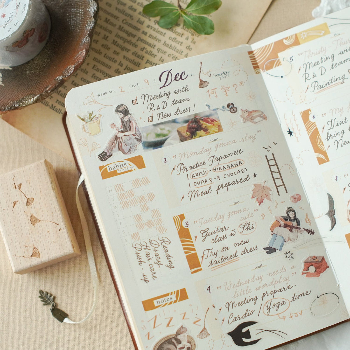 Planner with daily tasks decorated with Aki No Heya PET Tape illustrations beside stationery