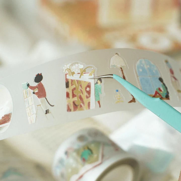 Close-up of Enchanted Library PET Tape character illustrations against a soft blurred background